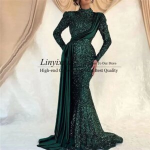 Customized Sequins Prom Dresses High Neck Long Sleeves Muslim Formal Women Evening Party Gown Ruffle Robe De Soiree Festa