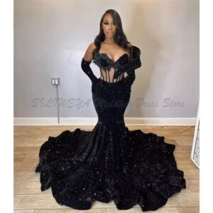 Sexy Black Sequin Mermaid Long Prom Dresses With Gloves Halloween Afican Elegant Dress For Birthday Party Evening Gown Customize