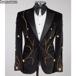 Black Men’s Suits Fashion Velvet 2 Pieces Sets Groom Prom Blazers Gold Beaded Decoration Tuxedos Men