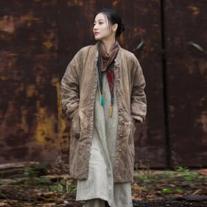 Winter Women’s New Ramie Hand-Dyed Cotton Padded Thickened Quilted Cotton-Padded Jacket Wandering Zen Style Long Coat