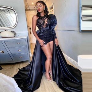 One Shoulder Short Prom Dresses Black Beads Appliques Detachable Skirt Evening Party Gala Gowns for Special Occasions Customized