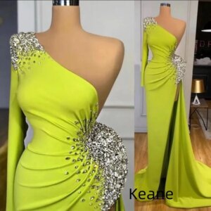 Green One Sleeve Mermaid Satin Slit Evening Dress vestido de festa Islamic Dubai Kaftan Saudi Arabic Evening Prom Dress