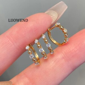 LUOWEND 100% 18K Yellow Gold Earrings Real Natural Diamond Hoop Earrings Luxury Elegant Style High Party Jewelry for Women