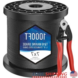 1/8 Inch Stainless Steel Wire Rope 1000FT Black Marine Grade Cable with Cutter 7×7 Strands Railing DIY Projects Fencing