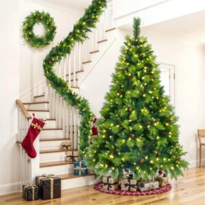 6FT Grass Green Christmas Tree Large Branches Pine Tree PreLit Set with Tree Garland Wreath Artificial Christmas with Pine Cone