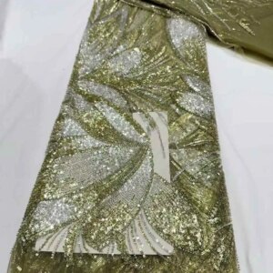 African French Tulle Groom Beads Lace Fabric 5 Yards High Quality Nigerian Lace Fabric African Lace Fabric For Wedding