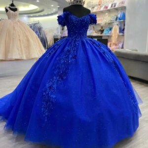 Customized Shiny Blue Quinceanera Dress Ball Gown Beads Off The Shoulder Birthday Prom Dresses Corset Vestido De 15 Quinceañeras