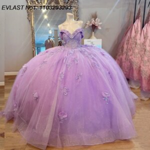 EVLAST Customized Glitter Lilac Floral Quinceanera Dress Ball Gown Applique Beading Corset Sweet 16 Vestido De 15 Anos E1Q434
