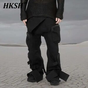 HKSH 2025 Spring New Men Waste Land Asymmetric Deconstruction Strap 3D Design Pocket Cotton Safari Style Dark Cargo Pants HK4202