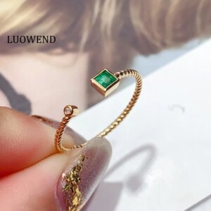 LUOWEND 18K Yellow Gold Rings Fashion Square Design INS Style Shiny Diamond Natural Emerald Open Ring for Women Party Jewelry