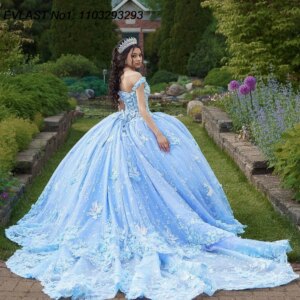 EVLAST Customized Sky Blue Ball Gown Quinceanera Dress Floral Applique Crystal Beaded Corset Sweet 16 Vestidos De 15 Anos E1Q714