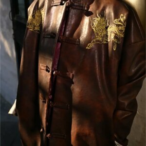 Vintage Chinese style made old leather gold thread embroidered men’s coat