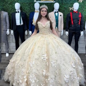 Sparkly Light Champagne Off The Shoulder Quinceanera Dresses 3D Flower Princess Ball Gown Vestido De 15 Anos Sweet 16 Dresses