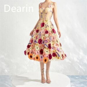 Customized Evening Dress Prom Gown Party Occasion Women YPMWZX Shoulder Girdle A-line Tea Length Skirts Flower Bespoke
