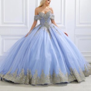 Blue Quinceanera Dresses Off Shoulder Ball Gown Sweet 16 Dress Applique Lace Beading Tull Birthday Party Vestidos 15 De Anos