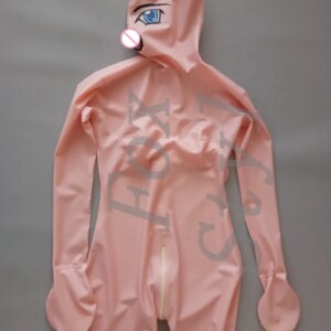 100% nature Latex handmade catsuit with hood candy sexy rubber in baby pink tight suit catton FOX SYTLE full cover custom made