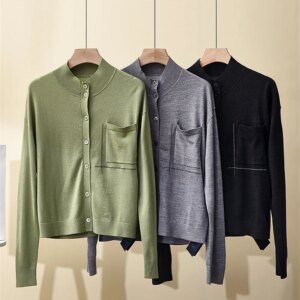 Spring And Summer New Style Stand Up Collar Loose Long Sleeved Chain Silk Wool Knitted CardiganTop For Women