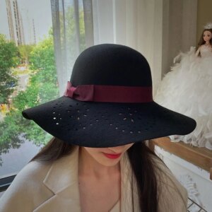 Large hollowed-out woolen hat women’s felt Fashion casual all-in-one top
