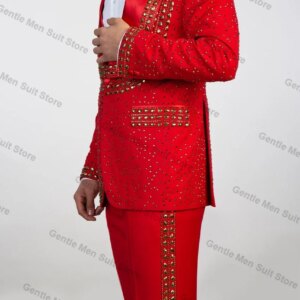 Red Men Suit Pants Set 2 Piece Beaded Blazer+Trouser Cotton Wedding Tuxedos Groom Prom Coat Customized Formal Office Jacket