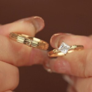 18K Real gold Lab Grow Diamond Princess square simple single diamond 2CT wedding ring Roman pull column couple Solitaire Rings