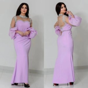 Exquisite Purple Mermaid Evening Party Dresses Beading Full Sleeves Illusion Ankle Length Pretty Women Prom Banquet Gowns