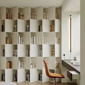 Customized house living room storage bookshelf bookcases cabinet design modern bedroom simple grey wall wood bookcase