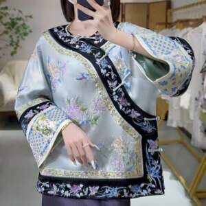High-end Autumn Winter Women Outerwear Retro Manchu Embroidery Elegant Lady Luxurious Loose Acetate Jacket Female S-XXL