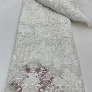 2025 African Beaded Lace Fabric White Embroidery French Mesh Sequins Lace Fabrics Nigerian Velvet Lace For Party Dresses W388-1