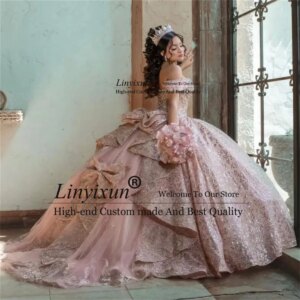 Pink Ball Gown Quinceanera Dress With Appliques Flowers Bow Off Shoulder Sweet 16 Gowns Customized Birthday Vestidos De XV Anos