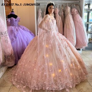 EVLAST Customized Glitter Pink Quinceanera Dress Ball Gown Butterfly Applique Beading Cape Sweet 16 Vestido De 15 Anos E3Q489