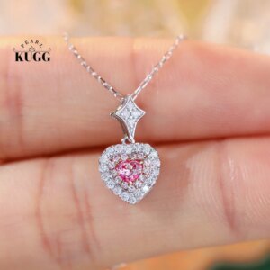 KUGG 18K White Gold Necklace Romantic Heart Design INS Style Real Natural Pink Diamond Pendant Necklace for Women Birthday Gift