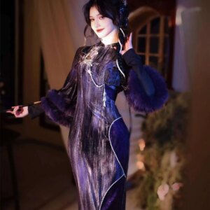 New Scorpion Drinking Lily Fine Flash Velvet Advanced Feeling Top Sleeve Qipao Cheongsam Long Skirt Chinese-traditional-dress