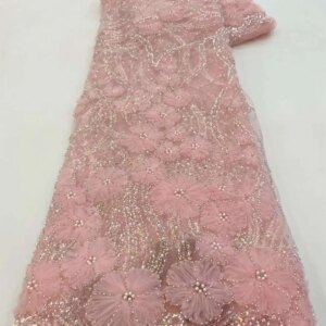 Luxury 2024 African Beaded Lace Fabric Groom Embroidery French Mesh 3D Flower Lace Nigeria Tulle Lace For Wedding 5 Yards