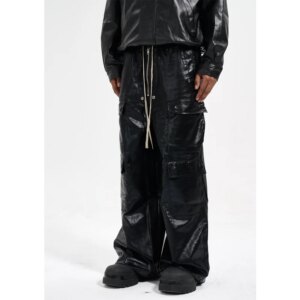 High Street Designer Wear Style Zipper Multi-Pocket Retro Wide Leg Mop Coating Casual Working Pants Bell-Bottom Men