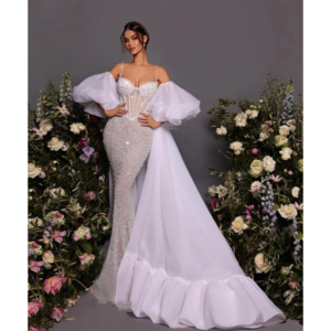 Luxury White Pearls Mermaid Evening Dresses Detachable Train Bride Gowns Custom Made Robes De Mariée