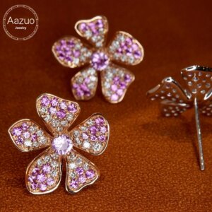Aazuo High Jewelry 18k Gold Natural Ruby Purple Sapphire Luxury Flower Stud Earrings Gifted For Women Engagement Wedding Party