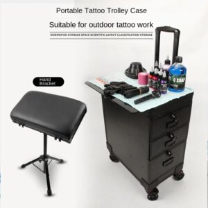 New Tattoo Toolbox Trolley Case with Hand Bracket Storage Box Easy to Carry Tattoo Auxiliary Tools with Wheels