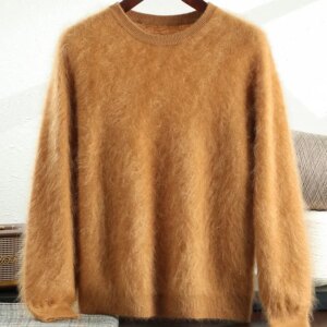 Men’s 100% Plush Cashmere Sweaters O-neck Basic Pullovers Long Fluff Pure Brushing Cashmere Jumpers 2024 New Autumn Winter
