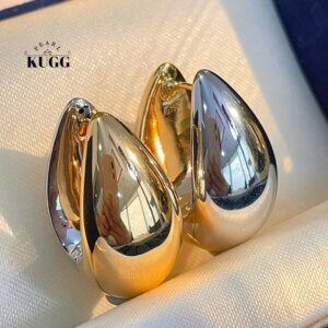 KUGG 100% 18K White+Yellow Gold Earrings Fashion Water Drop Shape INS Style Hoop Earrings for Women High Party Jewelry