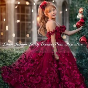 Luxury Burgundy Princess Flower Girl Dress 2025 Elegant Halter 3D Flower Applique Custom Mini vestidos de 15 quinceañera Custom