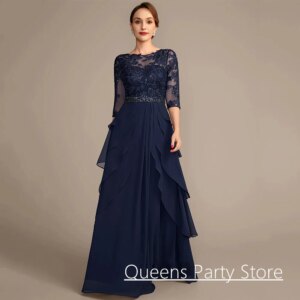 Navy Mother of The Bride Dress for Woman Customized 3/4 Sleeves Beading Sequined Applique Tiered Chiffon Wedding Guest Gown
