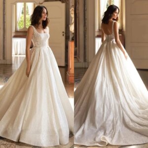 Sleeveless Off Shoulder Wedding Dress Lace Shining Stickers and Bareback Princess Bridal Dress A-line Wedding Dress Customizatio