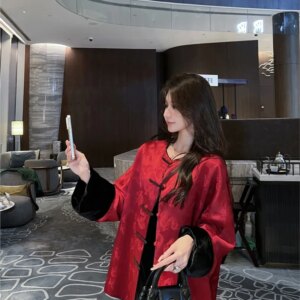 Red new Chinese coat national style women acetic acid button fashion blouse