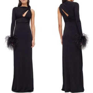 Customized Sparkle Exquisite Jersey Feather Draped Pleat Valentine’s Day A-line Boat Neck Bespoke Occasion Gown Long Dresses