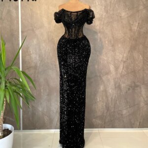 Shiny Sequin Beads Formal Party Dress Strapless Corset Sheath Floor Length Black Prom Dresses Tailor Made Rode de siree Elegante