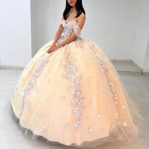 Customized Light yellow Off Shoulder Quinceanera Dress sequin applique crystal 3D flower Bow vestidos de 15 Quinceanera
