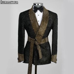 Black Crystal Groom Tuxedos Gold Beading Groomsmen Men’s Wedding Prom Suits For Men 2 Pieces(Jacket+Pants)