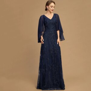 Customized Blue Floor Lengh Lace Mother Of The Bride Dress Cap Sleeve V Neck Formal Wedding Guest Party Gown Vestido De Madrina