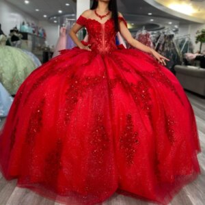 Red Quinceanera Dresses Off Shoulder Ball Gown Sweet 16 Dress Applique Lace Beading Tull Birthday Party Vestidos 15 De Anos