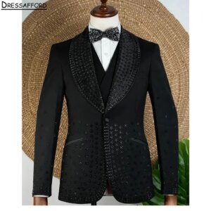 Black Crystal Men Business Formal Occasion Tuxedos Grooms Wedding Party Prom Male Suit 2 Piece Set Blazer Pants